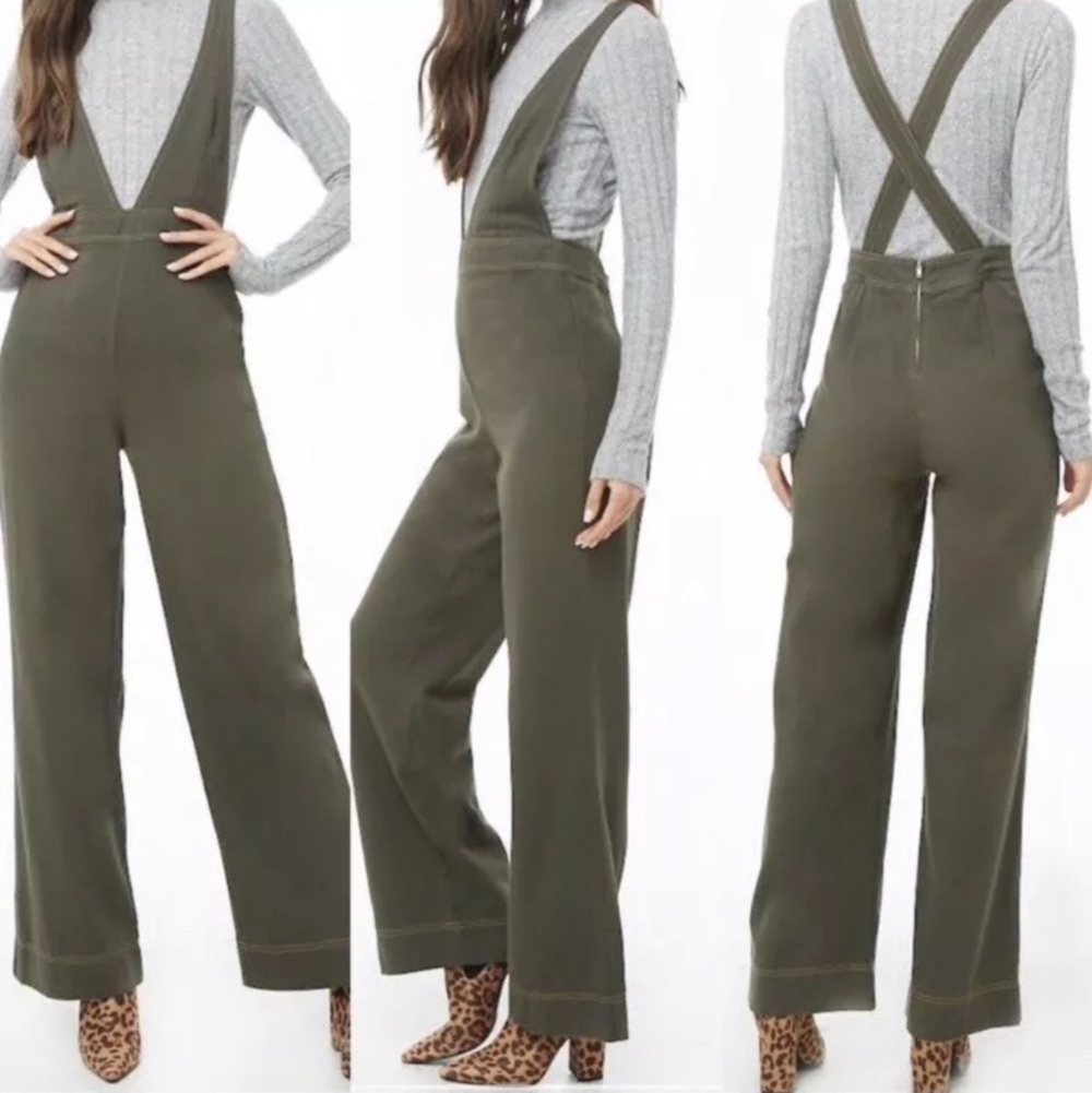 NWT Forever 21 Plunging Pinafore Jumpsuit Olive Large